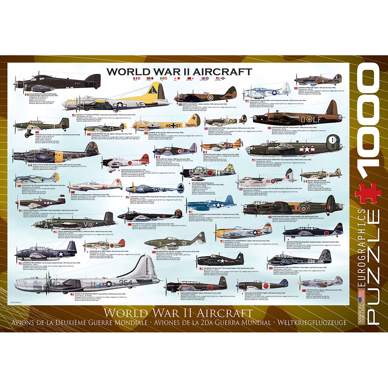 Eurographics: World War II Aircraft - 1000 Piece Puzzle, Adult Jigsaw, 19.25x26.6" Assembled, Iconic Historical Planes, High-Quality Recycled Material
